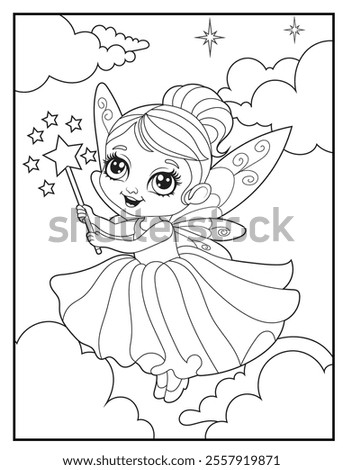 Fairy coloring page featuring a cute fairy waving her magic wand.  Printable Cute Fairy Cartoon Characters for Children's Activity Books
