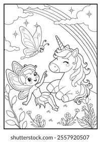 Fairy coloring page for kids featuring cute fairy and unicorn in the magical forest.  Printable Cute Fairy Cartoon Characters for Children's Activity Books
