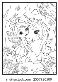 Fairy coloring page for kids featuring cute fairy and unicorn in the magical forest.  Printable Cute Fairy Cartoon Characters for Children's Activity Books
