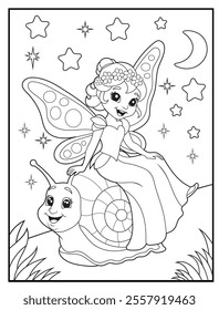 Fairy Coloring Page for Kids. Printable Cute Fairy Cartoon Characters for Children's Activity Books
