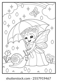 Fairy Coloring Page for Kids. Printable Cute Fairy Cartoon Characters for Children's Activity Books
