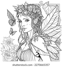 Fairy Coloring page. Vector illustration, coloring book for adults