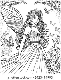 Fairy coloring page vector illustration, coloring book page