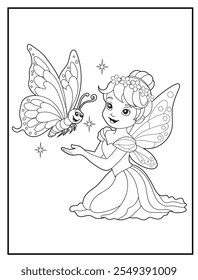 fairy coloring pages for kids. Children's coloring books with cute fairy cartoon character. Black and white printable fun and educational activity sheet for kindergarten.
