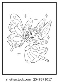 fairy coloring pages for kids. Children's coloring books with cute fairy cartoon character. Black and white printable fun and educational activity sheet for kindergarten.
