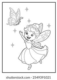 fairy coloring pages for kids. Children's coloring books with cute fairy cartoon character. Black and white printable fun and educational activity sheet for kindergarten.
