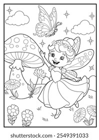 fairy coloring pages for kids. Children's coloring books with cute fairy cartoon character. Black and white printable fun and educational activity sheet for kindergarten.
