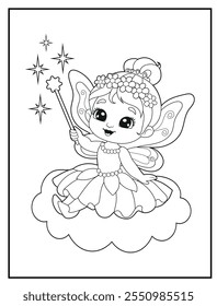 Fairy coloring pages for kids. Children's coloring books with cute fairy cartoon characters. Black and white printable fun and educational activity sheet for kindergarten.
