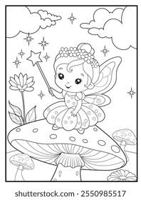 Fairy coloring pages for kids. Children's coloring books with cute fairy cartoon characters. Black and white printable fun and educational activity sheet for kindergarten.
