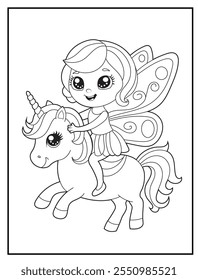 Fairy coloring pages for kids. Children's coloring books with cute fairy cartoon characters. Black and white printable fun and educational activity sheet for kindergarten.
