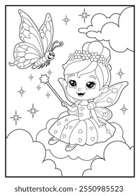 Fairy coloring pages for kids. Children's coloring books with cute fairy cartoon characters. Black and white printable fun and educational activity sheet for kindergarten.
