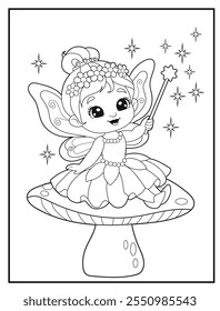 Fairy coloring pages for kids. Children's coloring books with cute fairy cartoon characters. Black and white printable fun and educational activity sheet for kindergarten.
