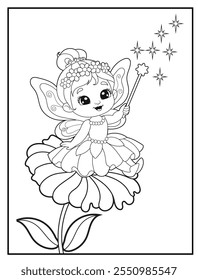 Fairy coloring pages for kids. Children's coloring books with cute fairy cartoon characters. Black and white printable fun and educational activity sheet for kindergarten.
