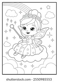 Fairy coloring pages for kids. Children's coloring books with cute fairy cartoon characters. Black and white printable fun and educational activity sheet for kindergarten.
