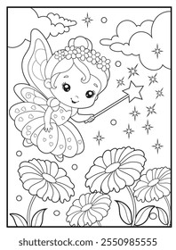 Fairy coloring pages for kids. Children's coloring books with cute fairy cartoon characters. Black and white printable fun and educational activity sheet for kindergarten.
