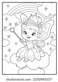 Fairy coloring pages for kids. Children's coloring books with cute fairy cartoon characters. Black and white printable fun and educational activity sheet for kindergarten.
