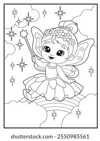 Fairy coloring pages for kids. Children's coloring books with cute fairy cartoon characters. Black and white printable fun and educational activity sheet for kindergarten.
