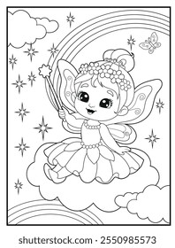 Fairy coloring pages for kids. Children's coloring books with cute fairy cartoon characters. Black and white printable fun and educational activity sheet for kindergarten.
