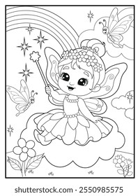 Fairy coloring pages for kids. Children's coloring books with cute fairy cartoon characters. Black and white printable fun and educational activity sheet for kindergarten.
