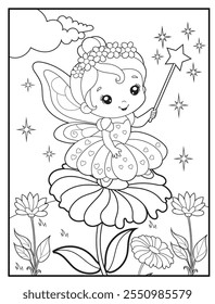 Fairy coloring pages for kids. Children's coloring books with cute fairy cartoon characters. Black and white printable fun and educational activity sheet for kindergarten.
