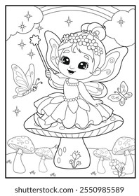 Fairy coloring pages for kids. Children's coloring books with cute fairy cartoon characters. Black and white printable fun and educational activity sheet for kindergarten.
