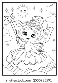 Fairy coloring pages for kids. Children's coloring books with cute fairy cartoon characters. Black and white printable fun and educational activity sheet for kindergarten.
