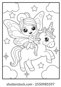 Fairy coloring pages for kids. Children's coloring books with cute fairy cartoon characters. Black and white printable fun and educational activity sheet for kindergarten.
