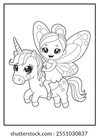 fairy coloring pages for kids. Children's coloring books with cute fairy and unicorn cartoon character. Black and white printable fun and educational activity sheet for kindergarten.
