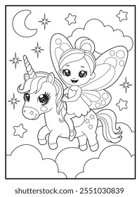 fairy coloring pages for kids. Children's coloring books with cute fairy and unicorn cartoon character. Black and white printable fun and educational activity sheet for kindergarten.
