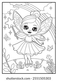 fairy coloring pages for kids. Children's coloring books with a cute fairy cartoon character. Black and white printable fun and educational activity sheet for kindergarten.
