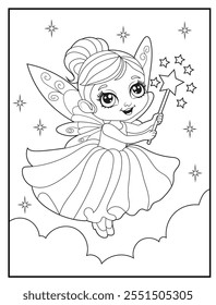 fairy coloring pages for kids. Children's coloring books with a cute fairy cartoon character. Black and white printable fun and educational activity sheet for kindergarten.
