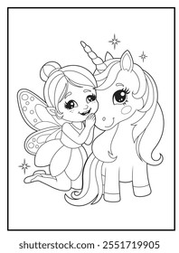 fairy coloring pages for kids. Children's coloring books with cute fairy and unicorn  cartoon characters. Black and white printable fun and educational activity sheet for kindergarten.
