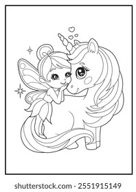 fairy coloring pages for kids. Children's coloring books with cute fairy and unicorn cartoon characters. Black and white printable fun and educational activity sheet for kindergarten.
