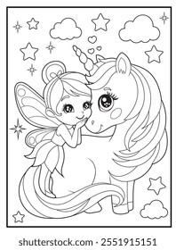 fairy coloring pages for kids. Children's coloring books with cute fairy and unicorn cartoon characters. Black and white printable fun and educational activity sheet for kindergarten.
