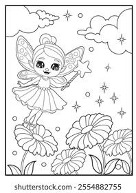 Fairy Coloring Pages for Kids. Fairy is in the garden. Printable Cute Fairy Cartoon Characters for Children's Activity Books
