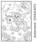 Fairy coloring pages for kids. Outline of  cute fairy and unicorn. Children