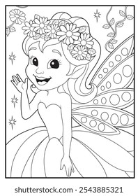 Fairy coloring pages for kids. Outline of  cute fairy in the garden. Children's coloring books, fun and educational materials for kindergarten.
