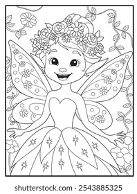 Fairy coloring pages for kids. Outline of  cute fairy in the garden. Children's coloring books, fun and educational materials for kindergarten.
