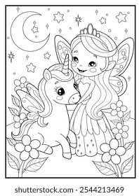 Fairy coloring pages for kids. Outline of  cute fairy and unicorn. Children's coloring books, fun and educational materials for kindergarten.
