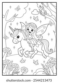 Fairy coloring pages for kids. Outline of  cute fairy and unicorn. Children's coloring books, fun and educational materials for kindergarten.
