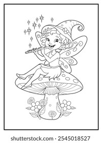 
Fairy coloring pages for kids. Outline of  cute fairy sitting on a big mushroom. Children's coloring books, fun and educational materials for kindergarten.