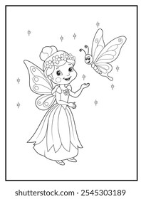 Fairy coloring pages for kids. Outline of  cute fairy and butterfly. Children's coloring books, fun and educational materials for kindergarten.
