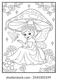 Fairy coloring pages for kids. Outline of  cute fairy and butterfly. Children's coloring books, fun and educational materials for kindergarten.
