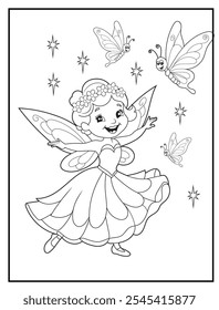 Fairy coloring pages for kids. Outline of  cute fairy. Children's coloring books, fun and educational materials for kindergarten.
