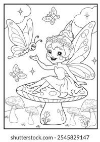 Fairy coloring pages for kids. Outline of  cute fairy. Children's coloring books, fun and educational materials for kindergarten.
