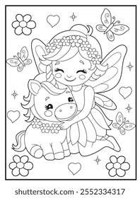 Fairy Coloring Pages for Kids - Printable Cute Fairy and Unicorn Cartoon Characters for Children's Activity Books