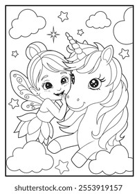 Fairy Coloring Pages for Kids - Printable Cute Fairy and Unicorn Cartoon Characters for Children's Activity Books