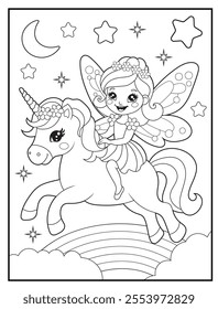 Fairy Coloring Pages for Kids. Printable Cute Fairy and unicorn Cartoon Characters for Children's Activity Books