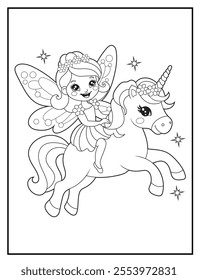 Fairy Coloring Pages for Kids. Printable Cute Fairy and unicorn Cartoon Characters for Children's Activity Books