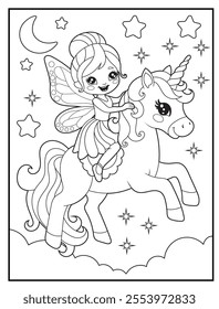 Fairy Coloring Pages for Kids. Printable Cute Fairy and unicorn Cartoon Characters for Children's Activity Books